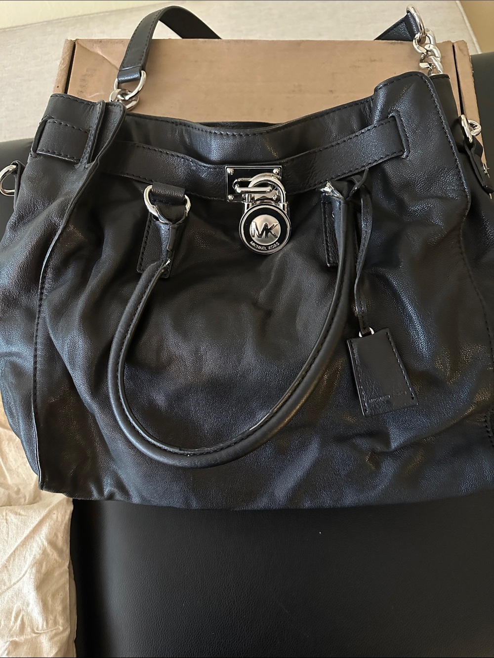 Michael Kors Black Leather Shoulder Bag with Silver-Tone Hardware